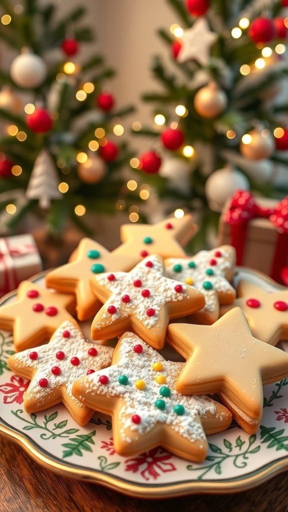 A plate of vanilla Christmas cookies shaped like stars and trees, decorated with icing and powdered sugar, set in a festive holiday scene.